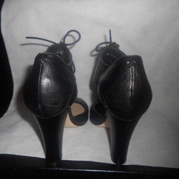 CHANEL Black Leather Cinema Mary Jane Lace Tie Up Pumps Shoes Heels - Picture 7 of 14
